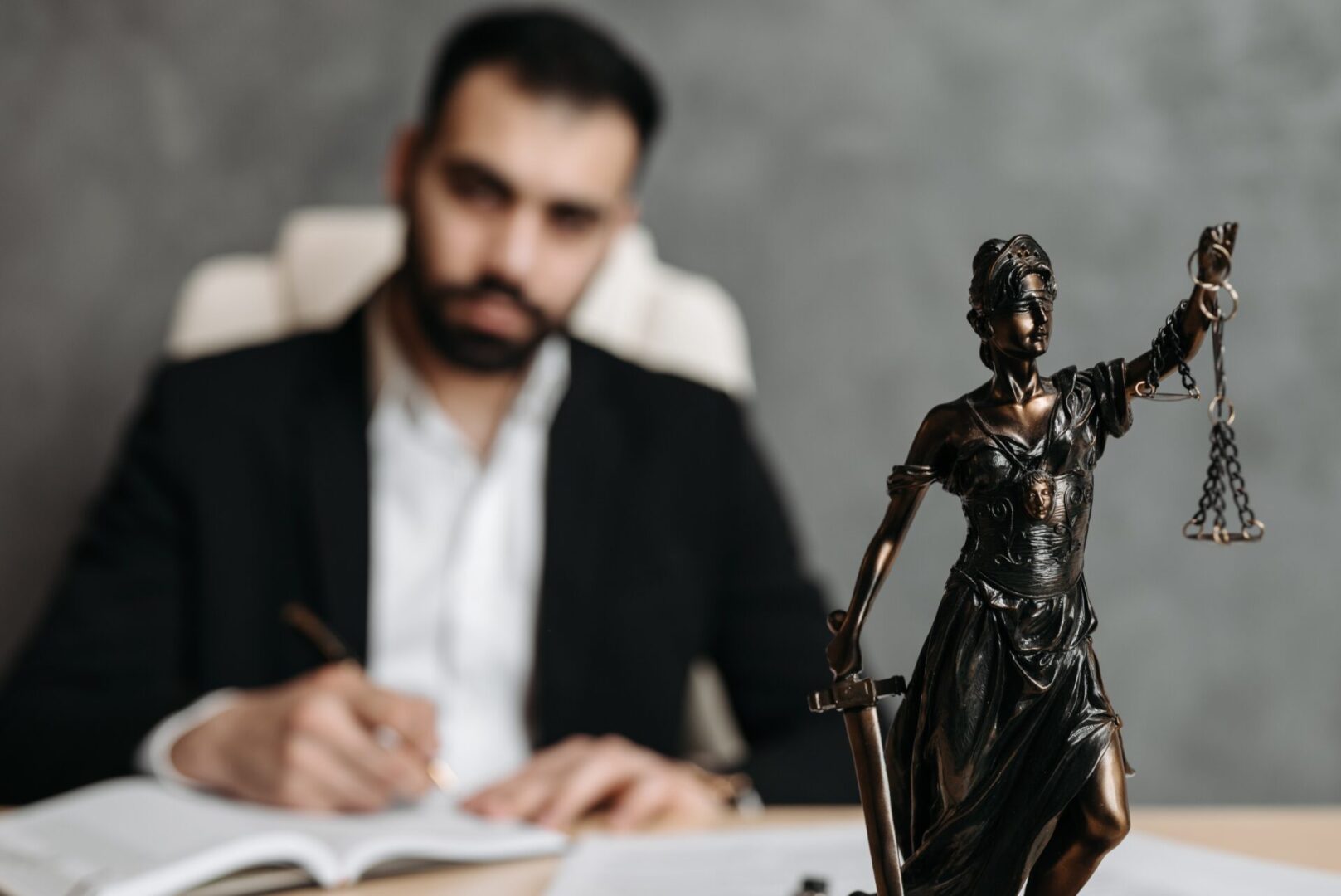 A man sitting at his desk with a statue of lady justice.